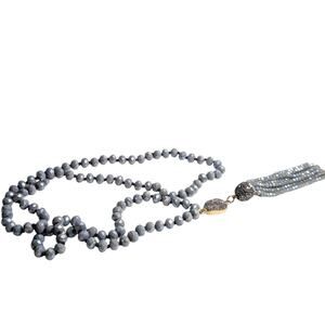 Boho Blue Gray Glass Czech Bead Druzy Sparkle Bead Tassel Necklace
